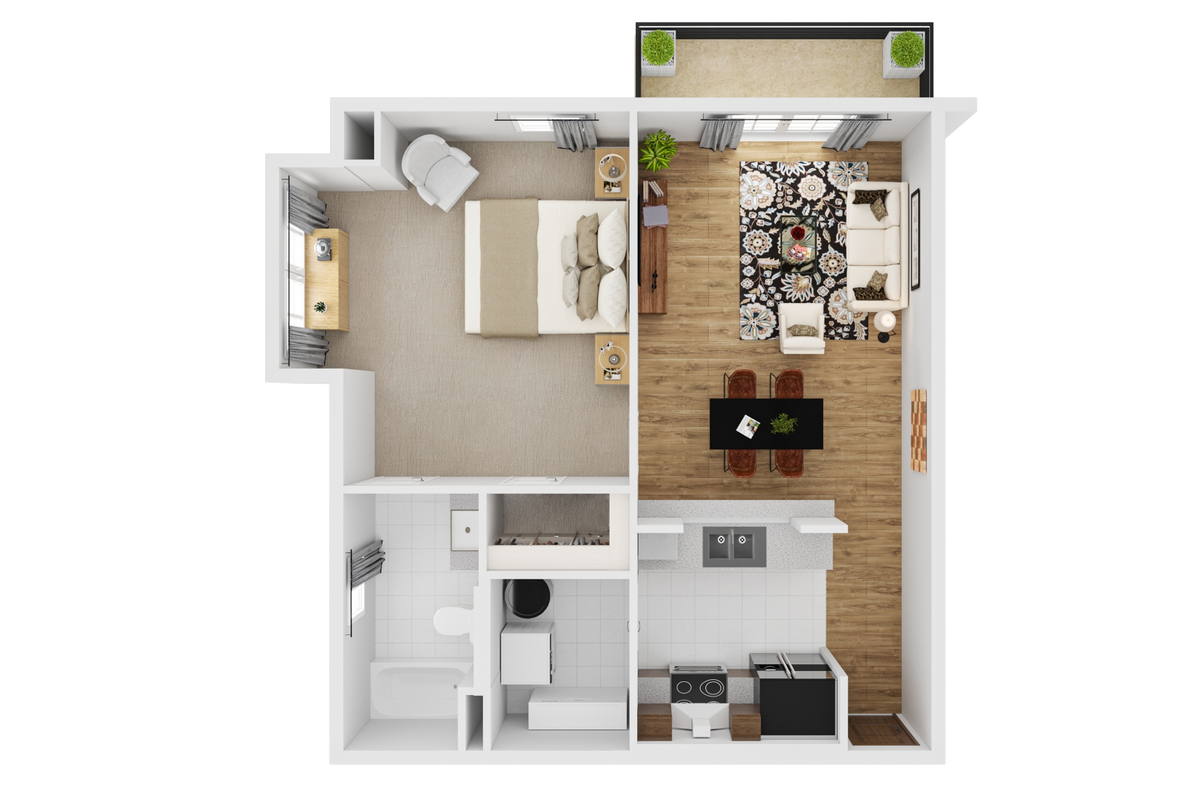 Floor plan for 1 bed, 1 bath, 725 sqft